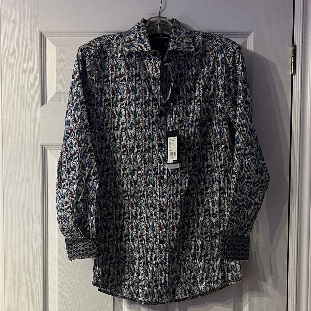 Daniel Hechter Men's Blue and Black Patterned Shirt